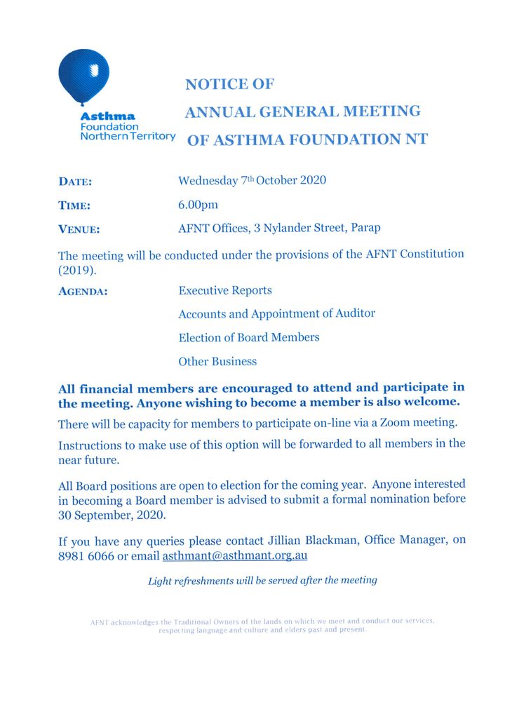 Notice of AFNT Annual General Meeting