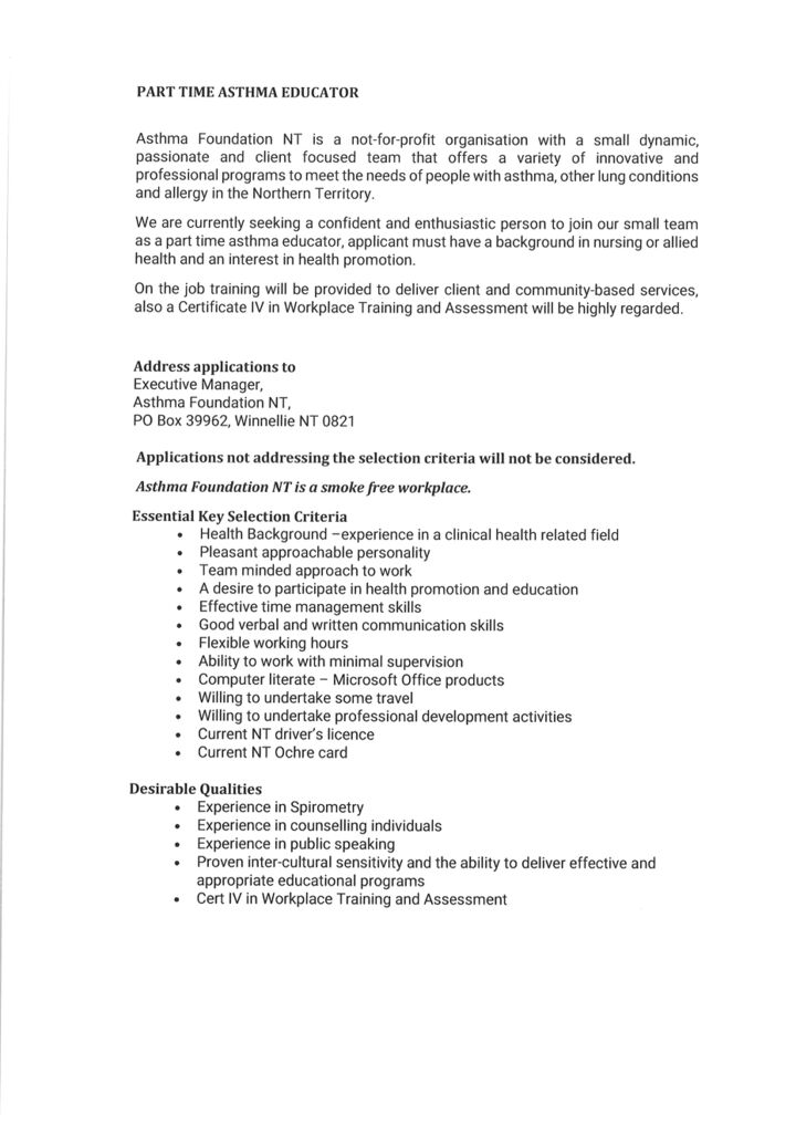 AFNT is currently seeking a Part Time Asthma Educator to join the team